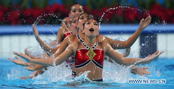 Team Thailand perform during the women's synchronised swimming team free routine final at the 16th Asian Games in Foshan, south China's Guangdong Province, Nov. 20, 2010. 