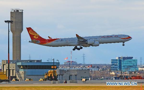 Hainan Airlines' A340-600 passenger plane arrives at Pearson International Airport in Toronto, Canada, Nov. 27, 2010. 