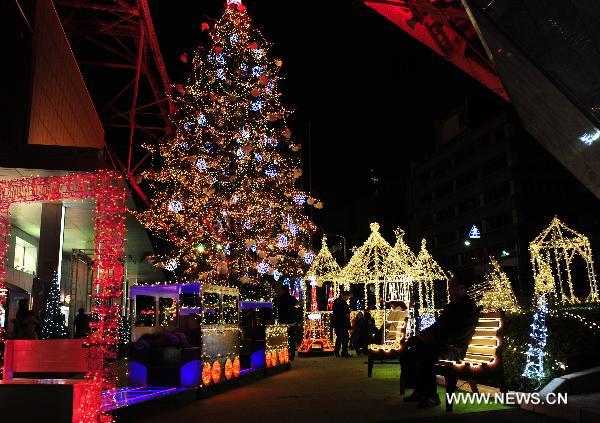 Christmas decorations are seen at the foot of the Tokyo Tower in Tokyo, capital of Japan, on Nov. 30, 2010.