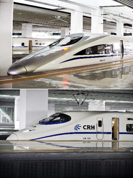 A combo photo shows the locomotives of a train of CRH380A of China Railway High-Speed (CRH) (above) and CRH2, at the Guangzhou south railway station in Guangzhou, capital of south China's Guangzhou Province, Dec. 3, 2010. 