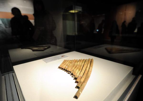 An ancient musical instrument is displayed at the exhibition hall in the National Center For the Performing Arts in Beijing, capital of China, Dec. 20, 2010.