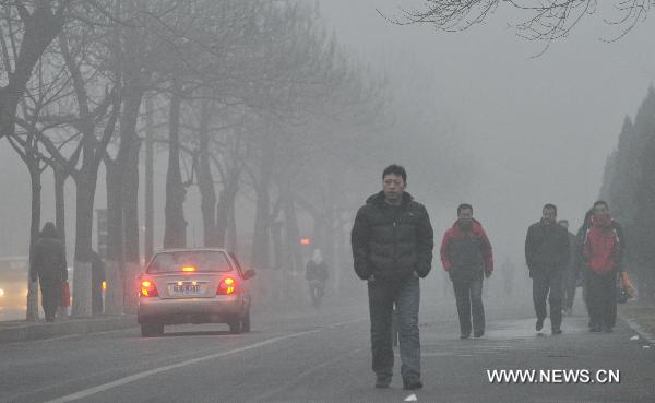 Commuters travel on the road in fog-shrouded Dalian, northeast China's Liaoning Province, Dec. 22, 2010.