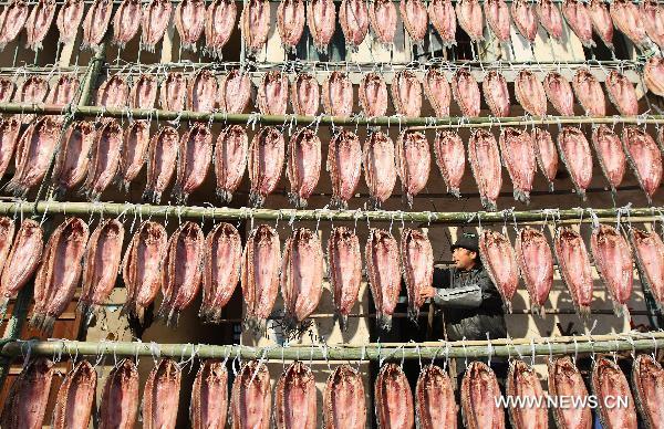 An aquiculture farmer airs fish in Zhuji City of east China's Zhejiang Province, Dec. 26, 2010. 