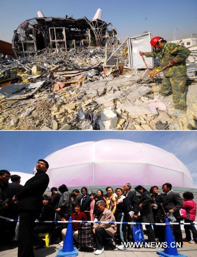 Combo pictures taken on April 25, 2010 (below) and Dec. 27, 2010 show the Japanese Pavilion before and during demolition in Shanghai, east China. 