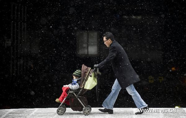 A local citizen pulling a baby carrier walks in snow-coated street in Seoul, Dec. 27, 2010.