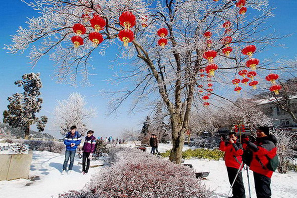 Tourists admire the beautiful rime scenery on Lushan Mountain in Jiangxi Province. The scenic area, which attracts huge numbers of tourists from China and abroad, plans to offer a month-long period of free admission in January (the normal ticket price is 135 Yuan).