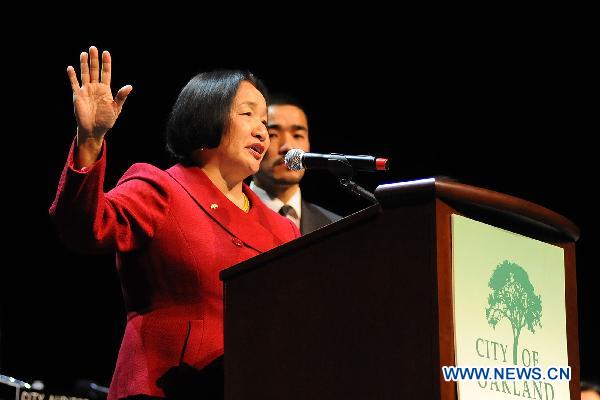 Jean Quan addresses her inauguration at the Fox Theater in Oakland, California, the United States, Jan. 3, 2010. 