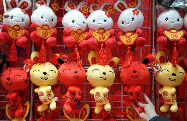 Rabbit toys are displayed at a store in Nanchang, capital of central China's Jiangxi Province, Jan. 9, 2011. 
