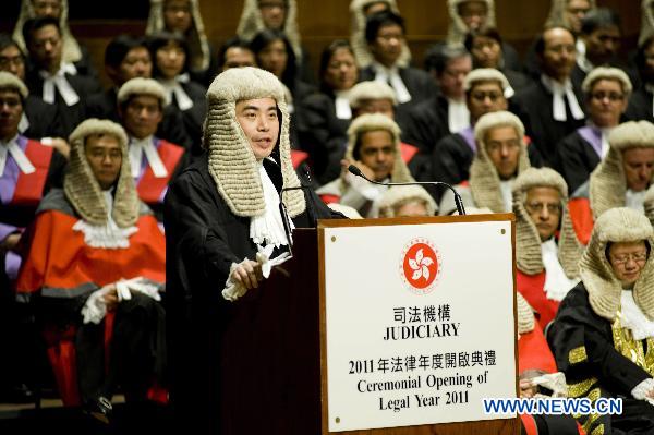 Wong Yan Lung, Secretary for Justice of Hong Kong Special Administrative Region, delivers a speech during the Ceremonial Opening of the Legal Year 2011 in Hong Kong, south China, Jan. 10, 2011. 