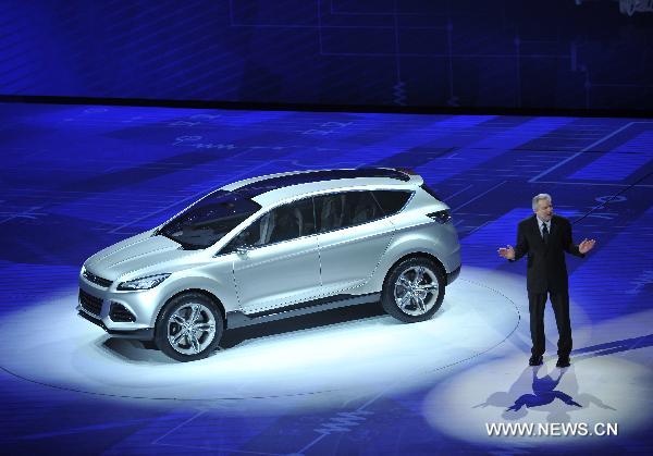 Ford unveils the Vertrek concept car at the North American International Auto Show (NAIAS) in Detroit, the United States, Jan. 10, 2011. 
