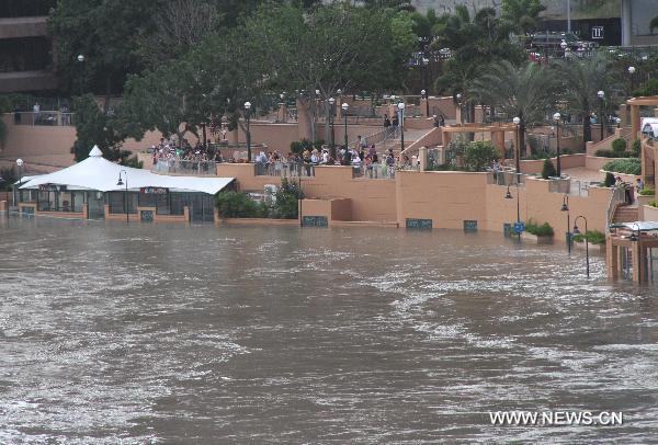 Buildings are soaked in flood water in Brisbane, Queensland, Australia on Jan. 12, 2011. 