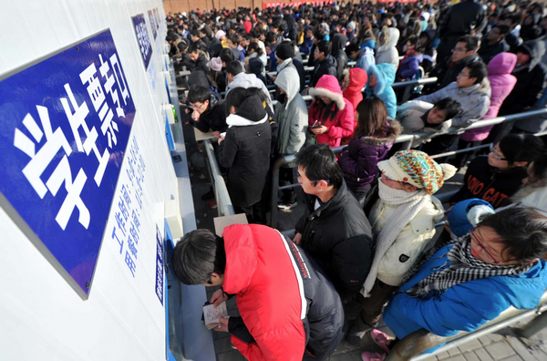 Students wait in line to purchase tickets at Tianjin Railway Station on Jan 12, 2011, to return home for the holidays.