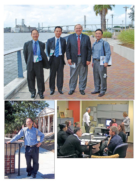 Clockwise from top: Dan Durning (second right), former director of the International Center for Democratic Governance in Georgia, poses with Chinese officials, from left, Liu Xin, Liu Tie and Xiao Jun in October 2005; Liu Xin chats with American colleagues in December 2005; Liu Xin at the University of Georgia in 2005.