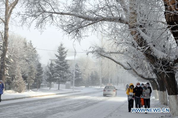 People walk in a street in Hulun Buir city of north China's Inner Mongolia Autonomous Region, Jan. 14, 2011.