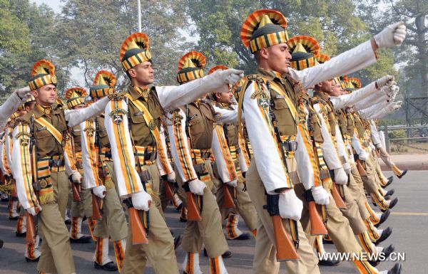 India's policemen rehearse for the Republic Day's parade in New Dehli, capital of India, Jan. 14, 2011. India celebrates its Republic Day on Jan. 26 every year.