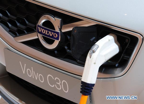Volvo's electric vehicle C30's recharge plug-in is shown during the first day of the 89th European Motorshow in Brussels, capital of Belgium, Jan. 15, 2011. 