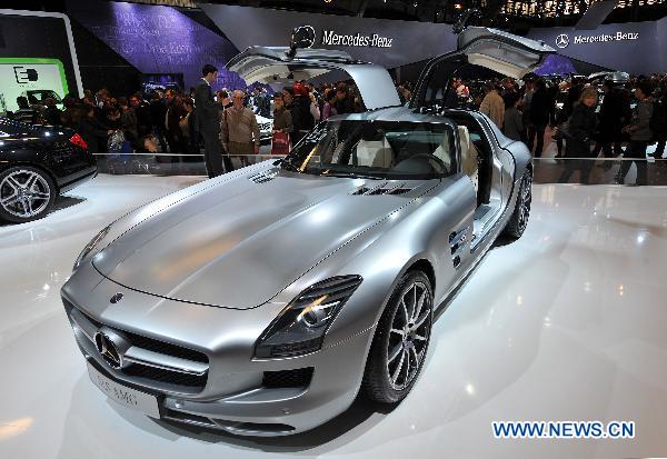 A Mercedes-Benz SLS AMG car is shown during the first day of the 89th European Motorshow in Brussels, capital of Belgium, Jan. 15, 2011. 