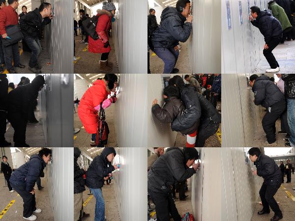 Passengers are seen in this combined photo at a temporary ticket agency in Ningbo, east China's Zhejiang Province, Jan. 15, 2011. 