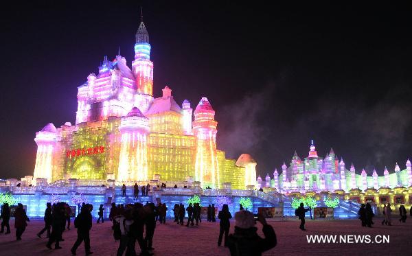 Photo taken on Jan. 15, 2011 shows the lit ice pagodas at the Ice and Snow World in Harbin, capital of northeast China's Heilongjiang Province. 