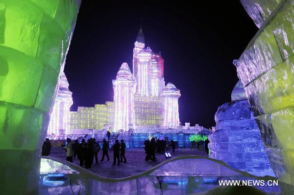 Photo taken on Jan. 15, 2011 shows the lit ice pagodas at the Ice and Snow World in Harbin, capital of northeast China's Heilongjiang Province. 