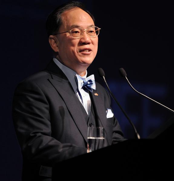 Donald Tsang, chief executive of Hong Kong Special Administrative Region addresses the opening ceremony of the Asian Financial Forum (AFF) 2011 in Hong Kong, south China, Jan. 17, 2011. 