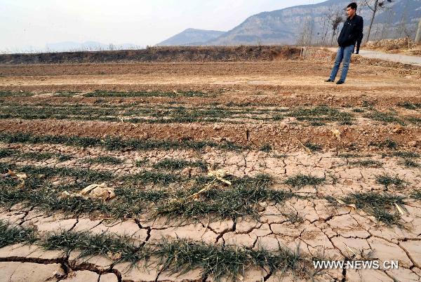 A man stands on the dried field in Duandian village, Shuangquan Township of Changqing, Jinan, capital of east China's Shandong Province, Jan. 18, 2011.
