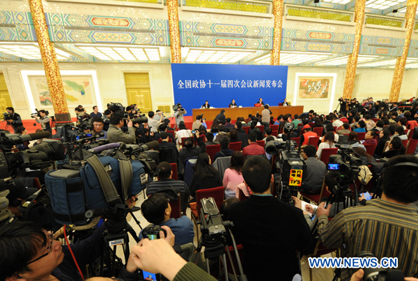 Photo taken on March 2, 2011 shows a news conference on the Fourth Session of the 11th National Committee of the Chinese People&apos;s Political Consultative Conference (CPPCC) at the Great Hall of the People in Beijing, capital of China. The Fourth Session of the 11th CPPCC National Committee is scheduled to open on March 3.