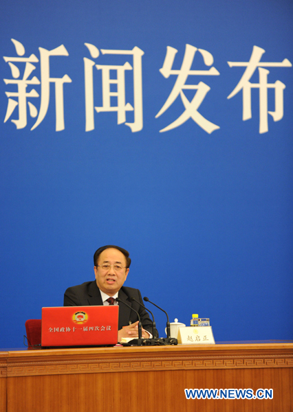 Zhao Qizheng, spokesman of the Fourth Session of the 11th Chinese People&apos;s Political Consultative Conference (CPPCC) National Committee, speaks during a news conference on the CPPCC session at the Great Hall of the People in Beijing, capital of China, March 2, 2011. 