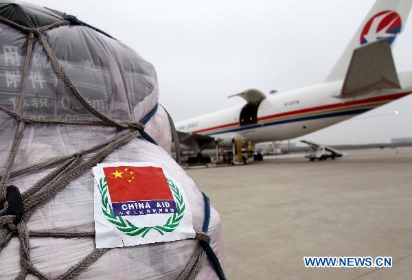 Photo taken on March 14, 2011 shows relief materials at Shanghai Pudong International Airport in Shanghai, east China. 