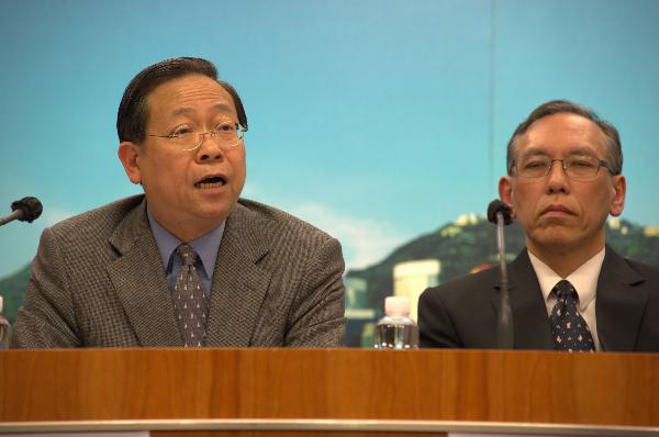 Lai Tung-kwok (L), Under Secretary for Security of Hong Kong, speaks during a news conference in Hong Kong, south China, March 16, 2011.