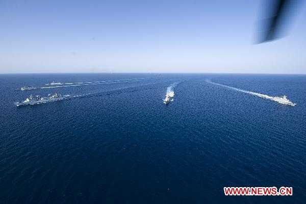 China's seventh and eighth escort flotillas sail in the Gulf of Aden on March 16, 2011. 