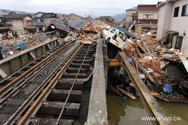 This photo taken on March 21, 2011, shows the railway devastated during the earthquake in Kesennuma, Miyagi-ken in Japan, March 21, 2011. 