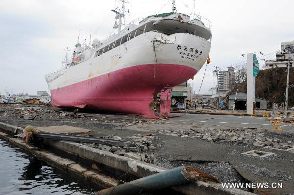 A ship is seen on the ground in kesennuma, Miyagi-ken in Japan, March 21, 2011. 