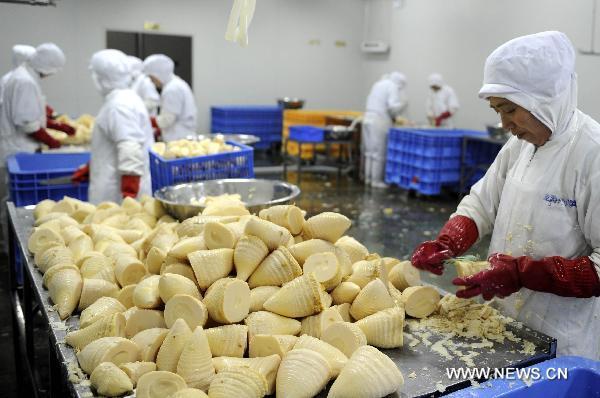 Labours work at a bamboo shoot factory in Quzhou of east China&apos;s Zhejiang Province, March 20, 2011.