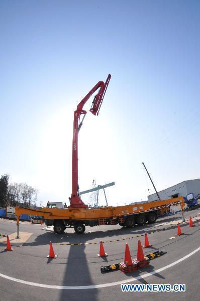 A Chinese-made pump truck recieves test in Chiba-ken, Japan, March 26, 2011.