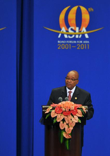 South African President Jacob Zuma addresses the opening ceremony of the 2011 annual meeting of the Boao Forum for Asia (BFA) in Boao, south China's Hainan Province, April 15, 2011.