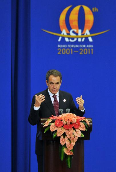 Spanish Prime Minister Jose Zapatero addresses the opening ceremony of the 2011 annual meeting of the Boao Forum for Asia (BFA) in Boao, south China's Hainan Province, April 15, 2011. 