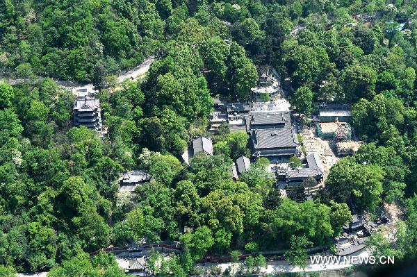 The bird's eye-view photo taken on April 24, 2011 shows Erwang Temple which is under reconstruction in Dujiangyan City in southwest China's Sichuan Province. 
