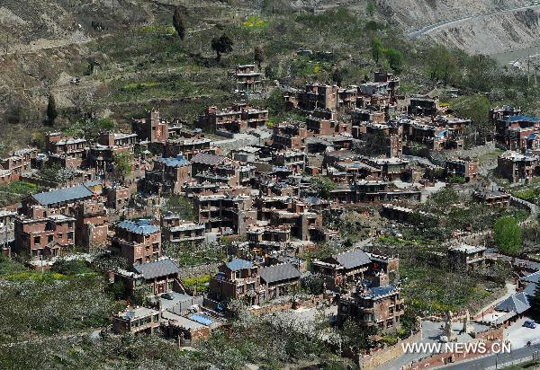 The bird's eye-view photo taken on April 24, 2011 shows part of the residential area of Qiang ethnic group in Maoxian County, southwest China's Sichuan Province. 