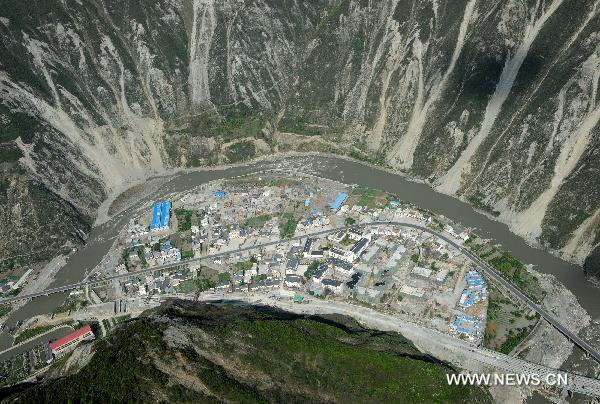 The bird's eye-view photo taken on April 24, 2011 shows a scene in Wenchuan, southwest China's Sichuan Province. 