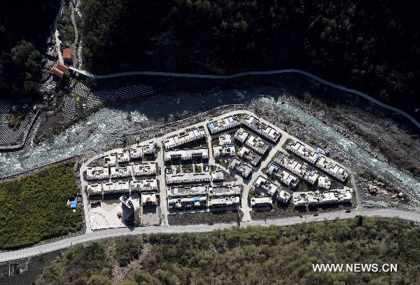 The bird's eye-view photo taken on April 24, 2011 shows the newly built residential area in Wolong, southwest China's Sichuan Province. 