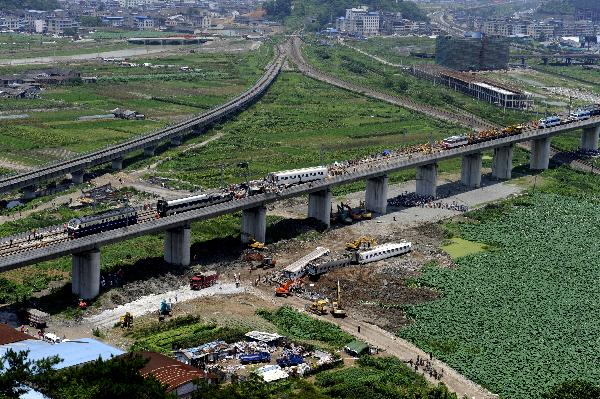 Aerial photo taken on July 24, 2011 shows the accident scene where rescuers clear the wreckage in Wenzhou, east China's Zhejiang Province, after a train collision and derailment that killed at least 35 and injured more than 200 Saturday night. 