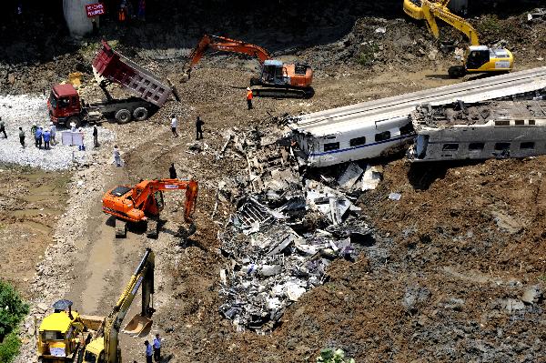 Aerial photo taken on July 24, 2011 shows the accident scene where rescuers clear the wreckage in Wenzhou, east China's Zhejiang Province, after a train collision and derailment that killed at least 35 and injured more than 200 Saturday night.