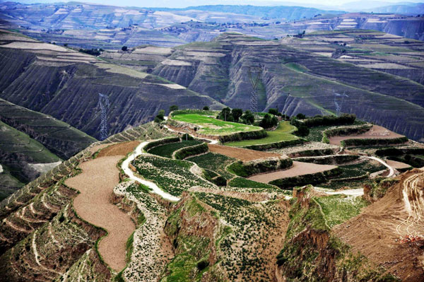 The photo shows an aerial view of the terrace fields that have been harnessed in the Loess Plateau of Linxia Hui Autonomous Prefecture, northwest China&apos;s Gansu Province, Aug 2, 2011. 