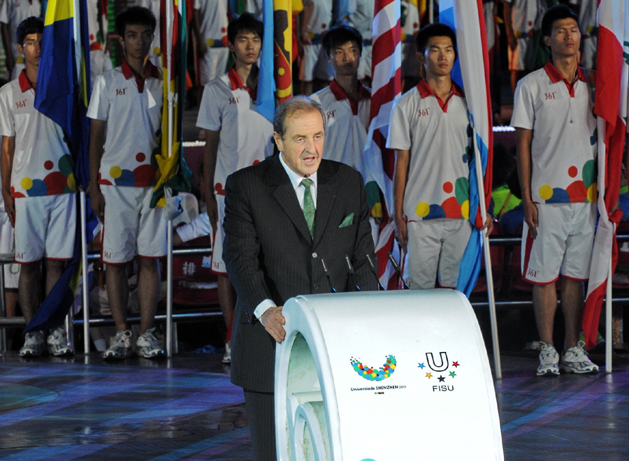 Claude-Louis Gallien, International University Sports Federation (FISU) 's newly elected President, addresses the closing ceremony of the 26th Summer Universiade held at the Window of the World theme park in Shenzhen, a city of south China's Guangdong Province, Aug. 23, 2011.