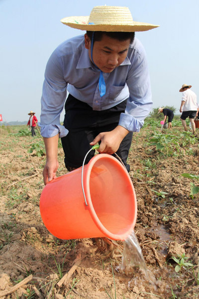 A local official waters a field in Wuxuan County, Laibin City, in Guangxi Zhuang Autonomous Region on Sept 15, 2011. 