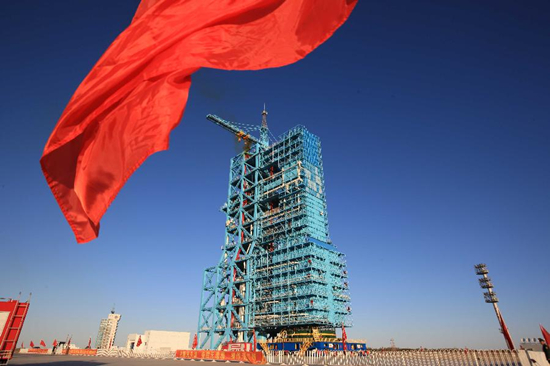 Red flag flies at the Jiuquan Satellite Launch Center in northwest China&apos;s Gansu Province, Sept. 28, 2011.