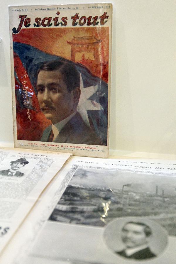 Photo taken on Oct. 8, 2011 shows a French pictorial in 1912 with reports on Dr. Sun Yat-Sen, displayed at an exhibition to commemorate the 1911 Revolution in Dr. Sun Yat-Sen Memorial Hall in Taipei, southeast China&apos;s Taiwan. 