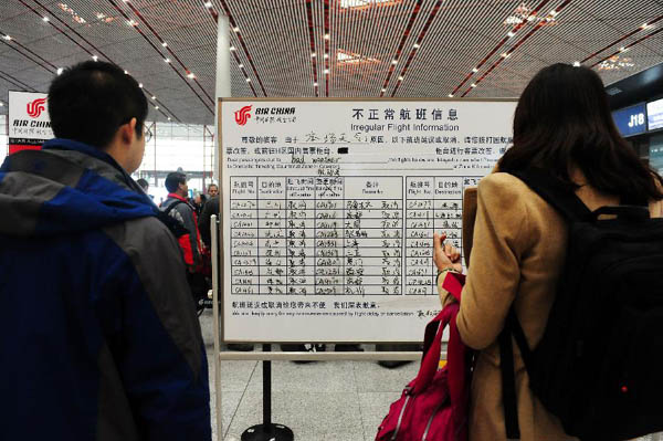 Passengers look at a flight notice at Capital International Airport in Beijing, capital of China, Dec. 5, 2011. 