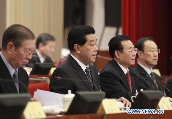 Jia Qinglin (2nd L, front), chairman of the Chinese People&apos;s Political Consultative Conference (CPPCC) National Committee, addresses the 16th conference of the Standing Committee of 11th CPPCC National Committee held in Beijing, capital of China, Feb. 26, 2012. 